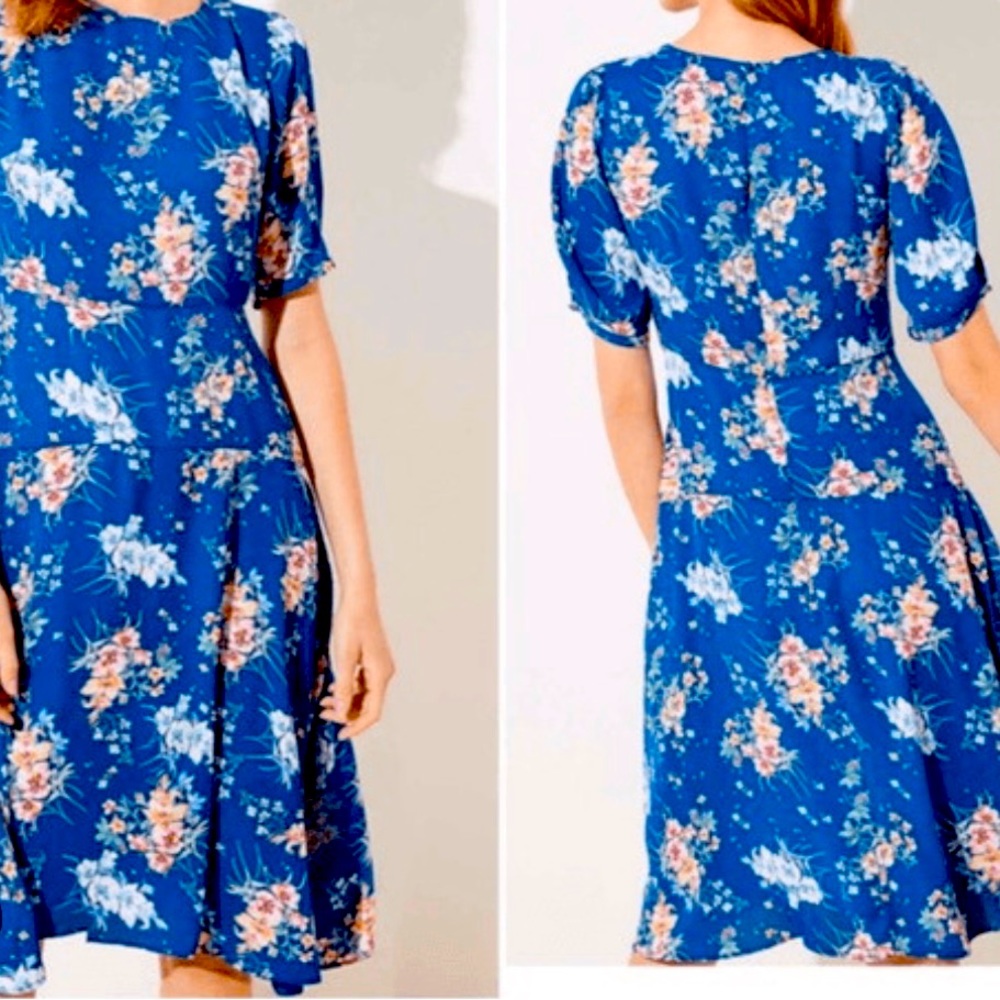 Loft Puff Sleeve Summer Floral Midi Dress in blue, pink, orange, and green